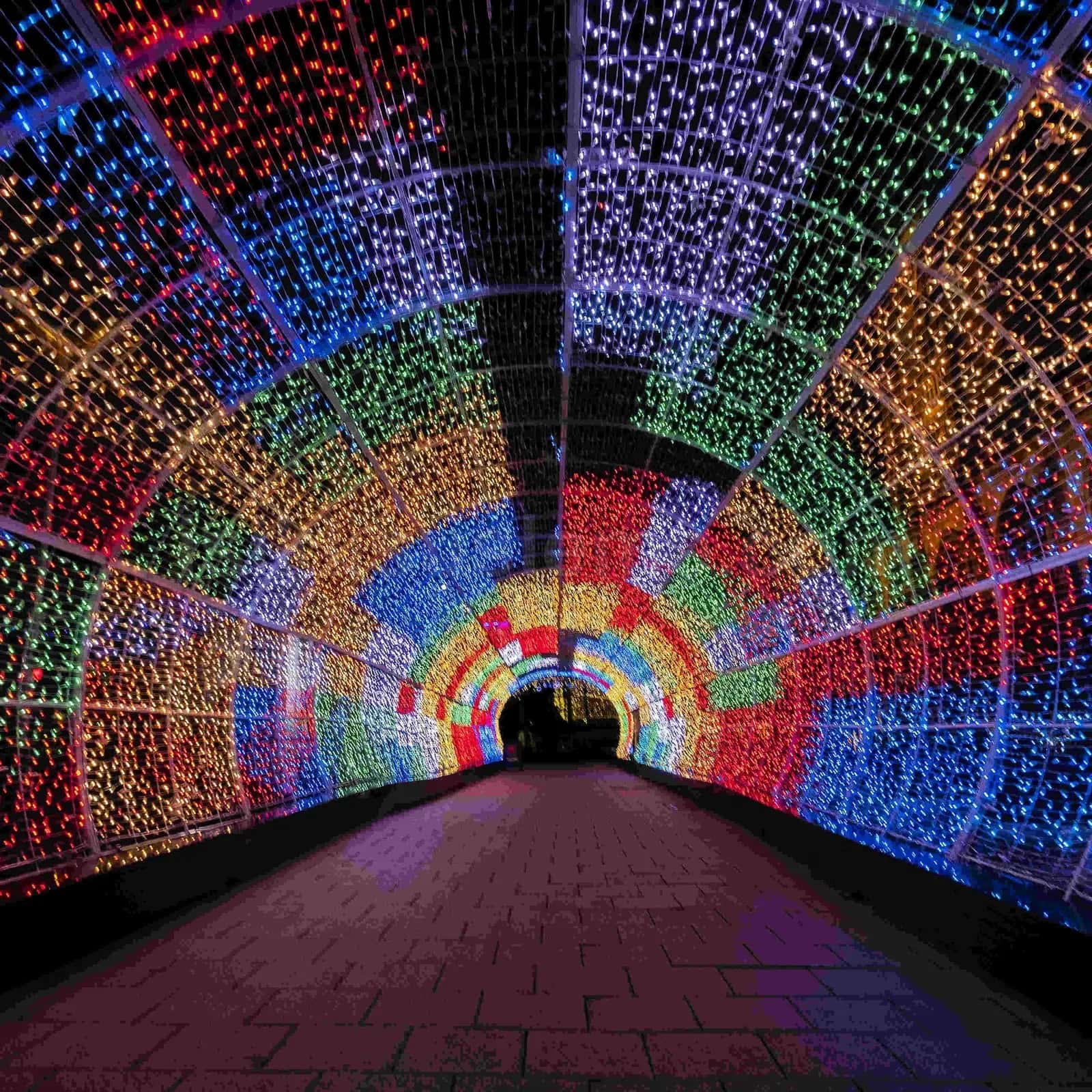 Yuruyus yolunda renkli led isik teli ile kaplanmis silindirik tavan tuneli susleme