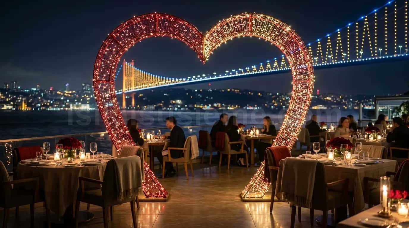 Bogazici manzarali restoran terasinda kirmizi LED kalp figur ve masalar gece cekimi