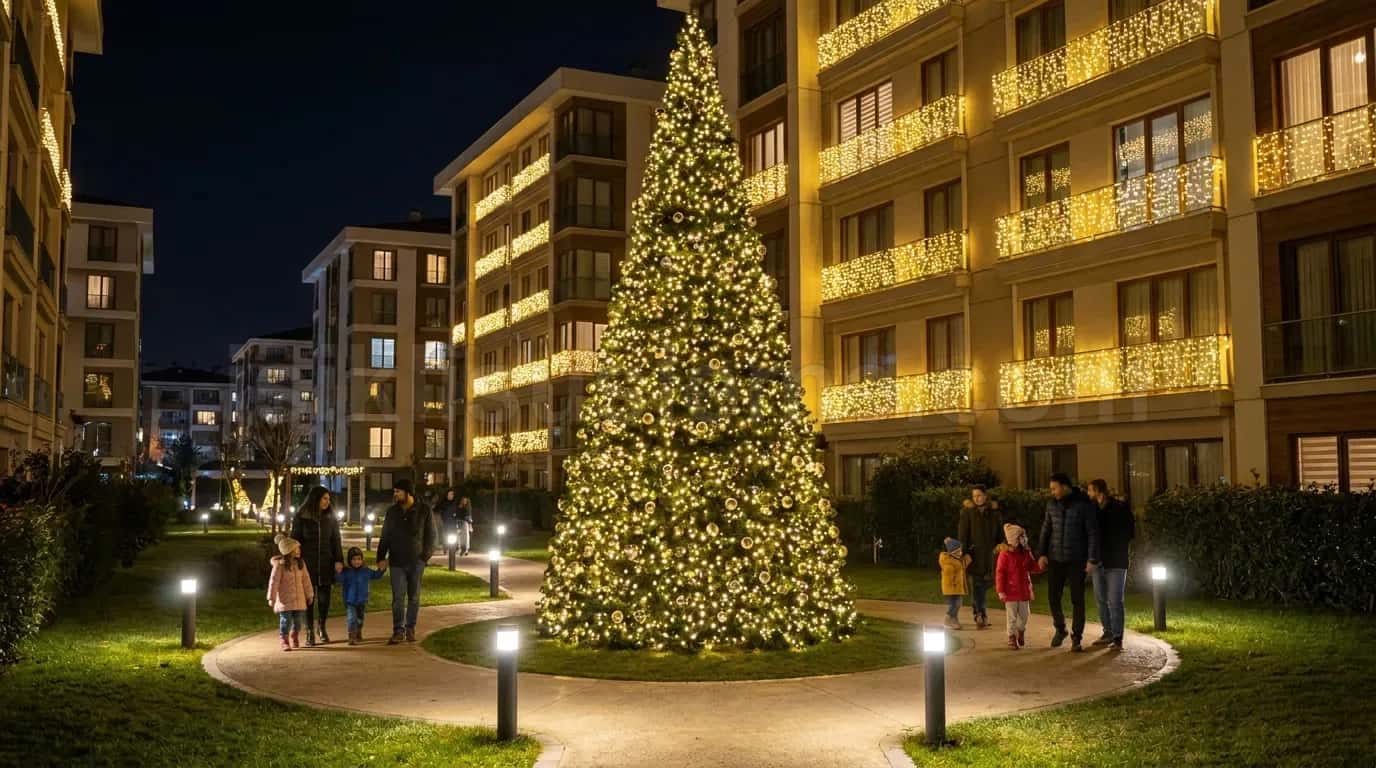 Apartman bahcesinde yesil alana yerlestirilmis buyuk cam agaci sicak beyaz LED ve etrafindaki aileler