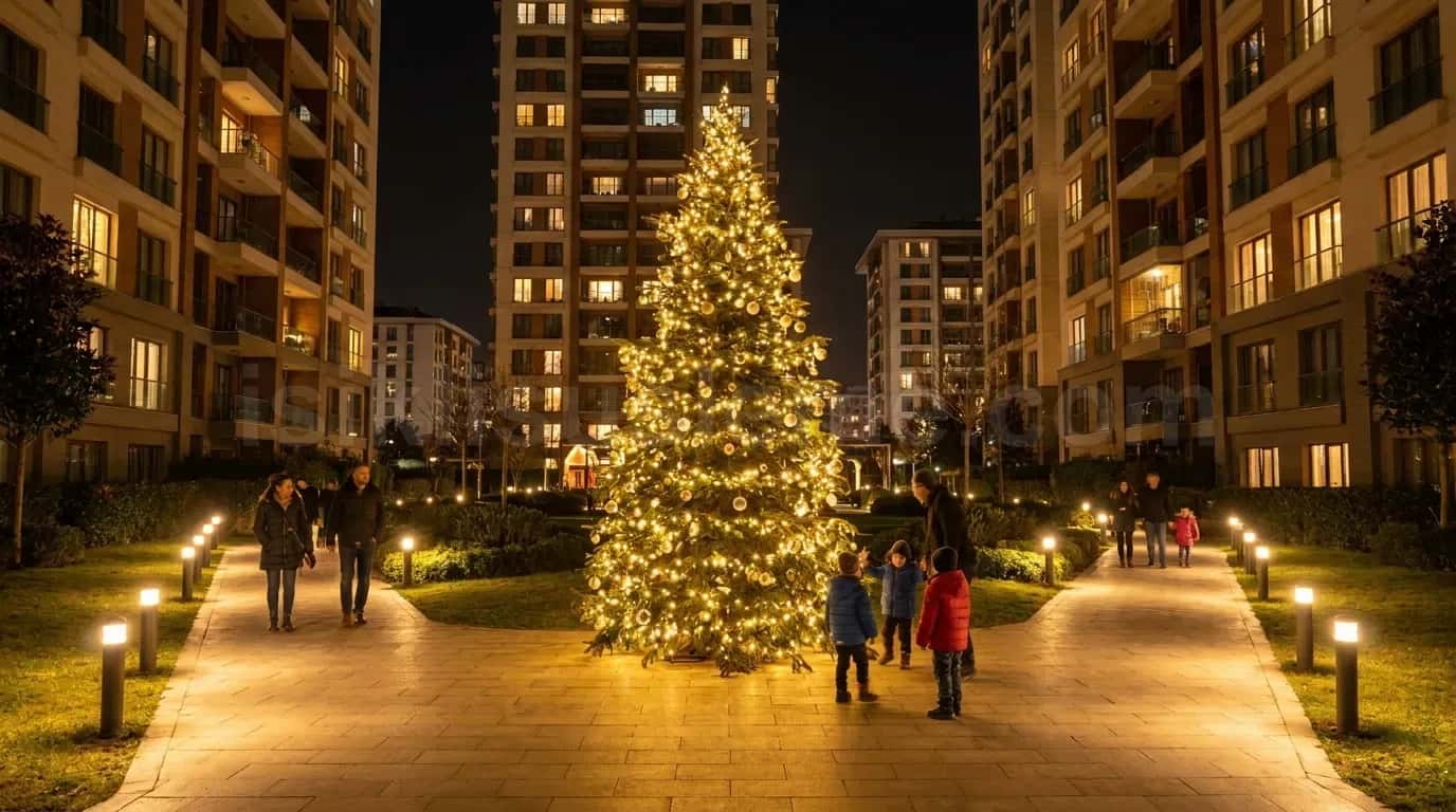 Konut sitesi bahcesinde sari sicak beyaz LED ile suslenmus buyuk yilbasi agaci