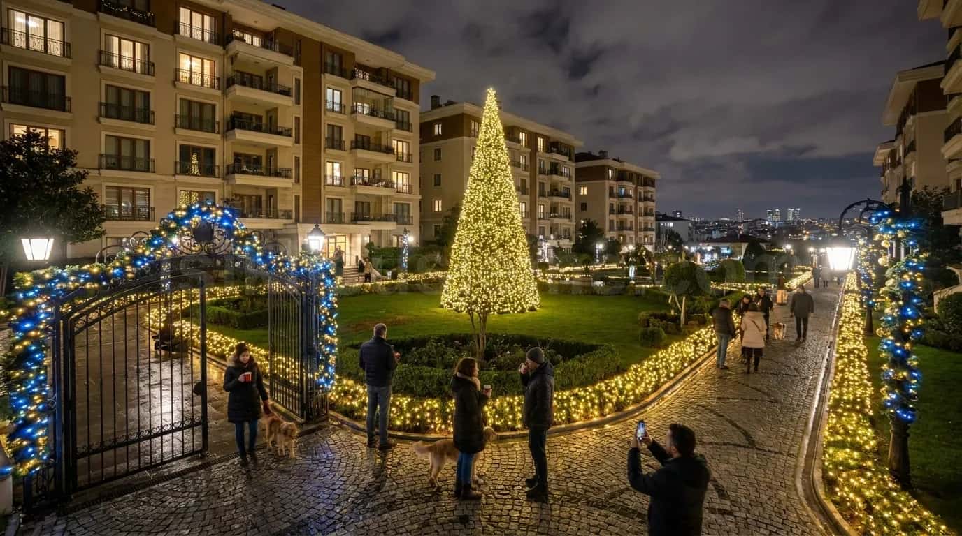 Rezidans kompleksi bahcesinde mavi kemer girisle cercevelenmis dev yilbasi cam agaci LED susleme gece gorunumu