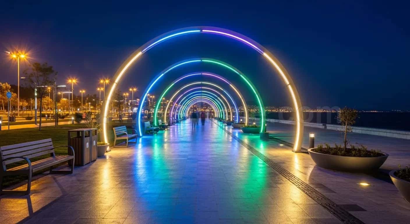 Sahil yuruyus yolunda sira halinde dizilmis renkli RGB LED kemerlerin olusturdugu parlak tunel