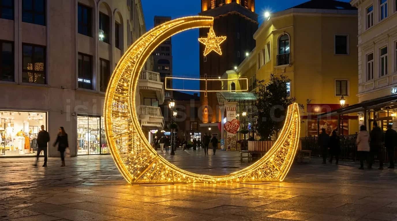 Eski sehir dokusundaki meydanda cerceveli buyuk altin LED hilal yildiz susleme figuru