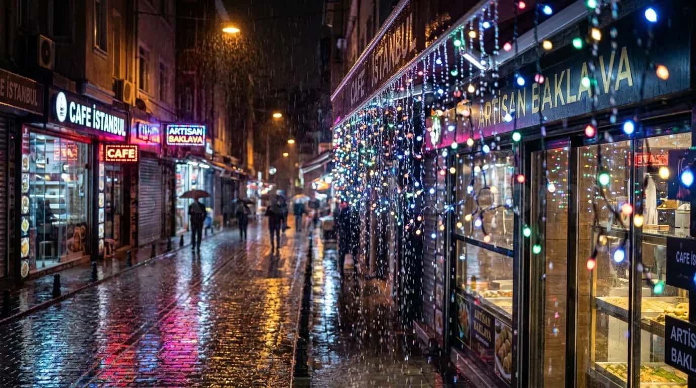Yagmurlu gece Istanbul sokaginda kafe onunde rengarenk LED perde susleme
