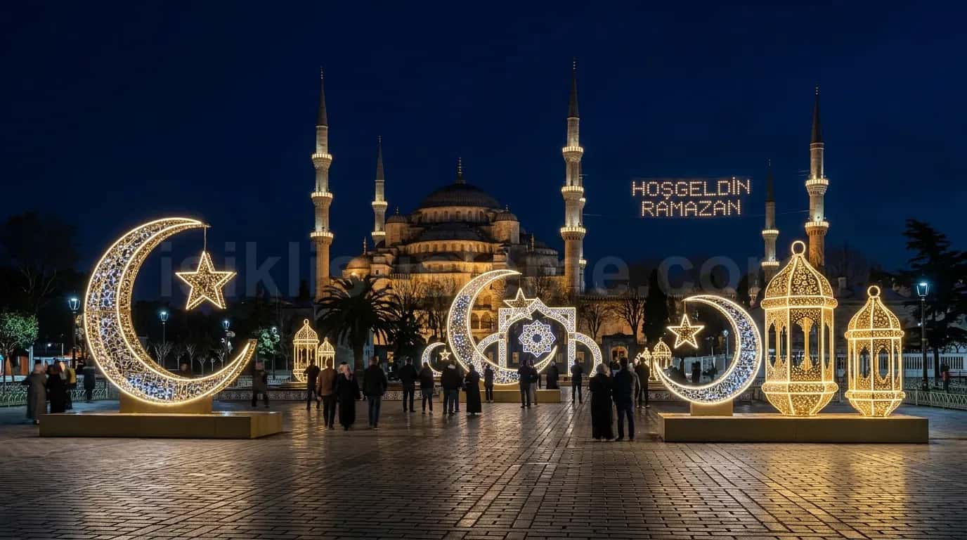 Sultanahmet Camii onunde hosgeldin ramazan yazisi altin LED hilal yildiz ve fener motifleriyle aydinlatilmis meydan