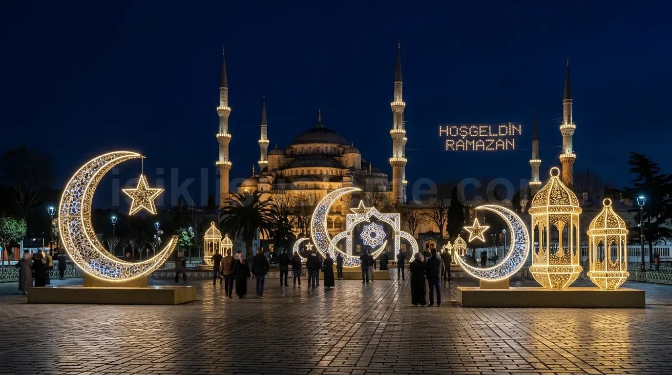 Sultanahmet Camii onunde hosgeldin ramazan yazisi altin LED hilal yildiz ve fener motifleriyle aydinlatilmis meydan