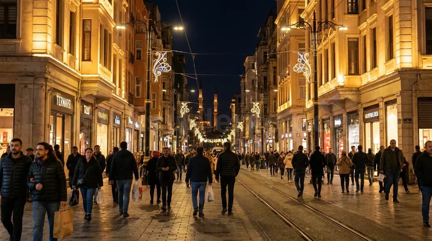 Kalabaligin yuruyus yaptigi tarihi Istiklal Caddesi boyunca sicak beyaz LED susleme
