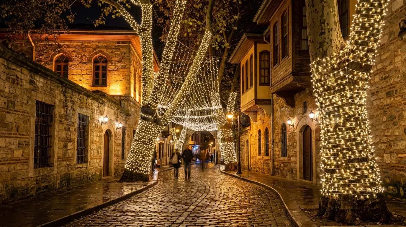 Tarihi tas dokulu dar sokakta agac dallarina sarilmis sicak beyaz LED perde isiklandirma ve yuruyuscular