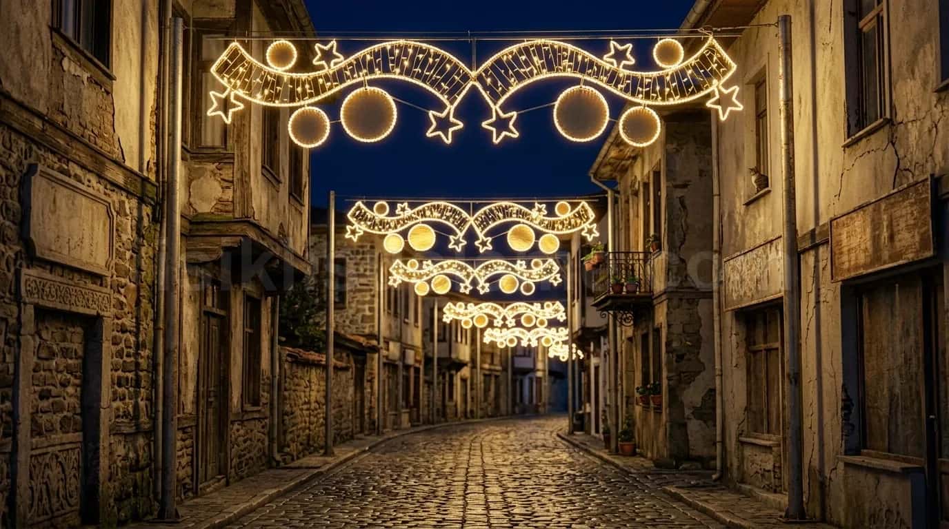 Arnavut kaldirimlı dar tarihi sokakta altin LED kemer portal kure ve yildiz motifleriyle gece gorunumu