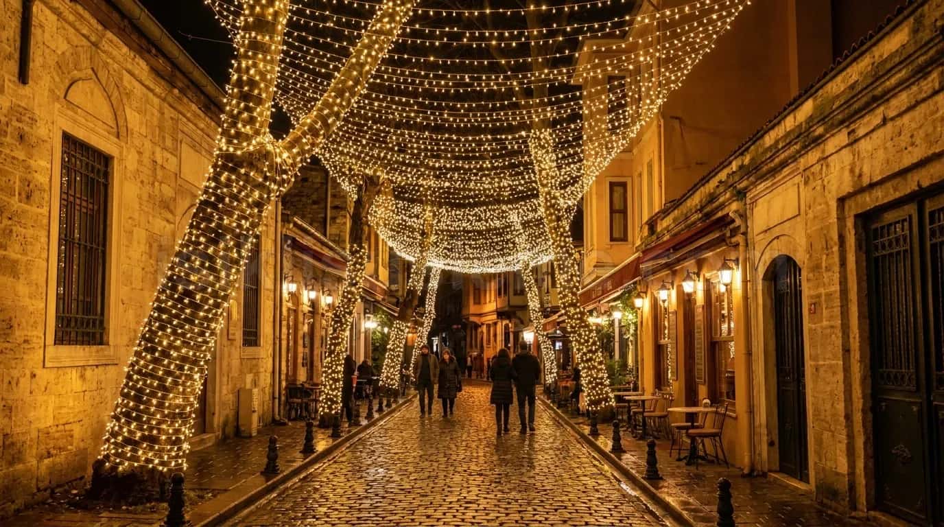 Kaldirimi tas dokeli dar tarihi sokakta ustunde uzanan sicak beyaz LED catki suslemenin altin isikli gece gorunumu
