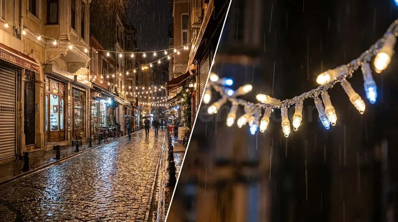 Tarihi tas kaldirimi olan sokakta ahsap direklere asili klasik ampul garland ve yakinda LED damla zincir detayi