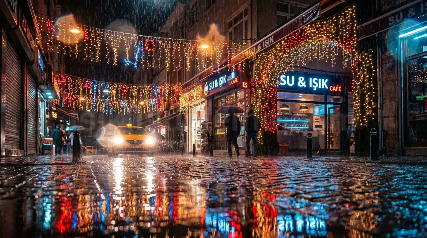 Yagmurlu istanbul sokaginda renkli LED zincirlerle suslenmis kafe onundeki cadde gece gorunumu