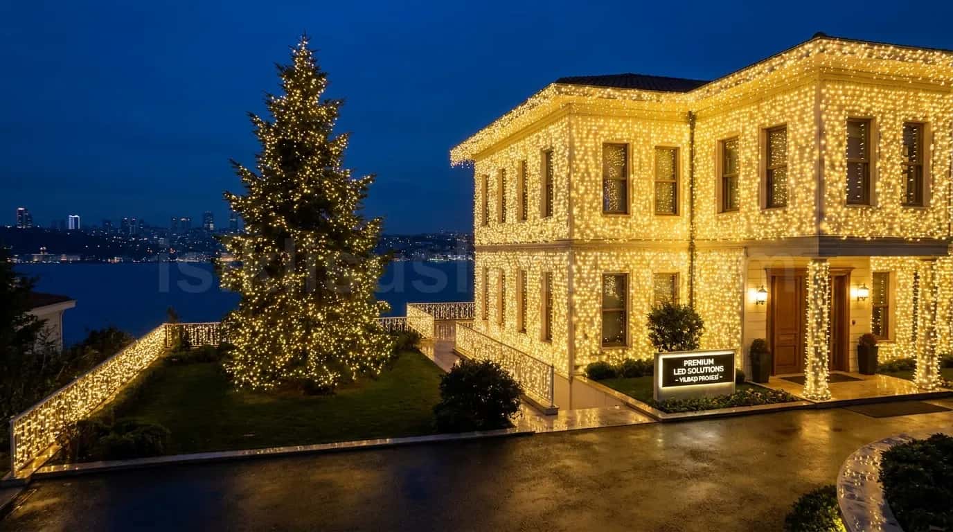 Bogaz manzarali tarihi konak onunde tum cepheye perde LED ve yaninda dev aydinlatilmis yilbasi agaci