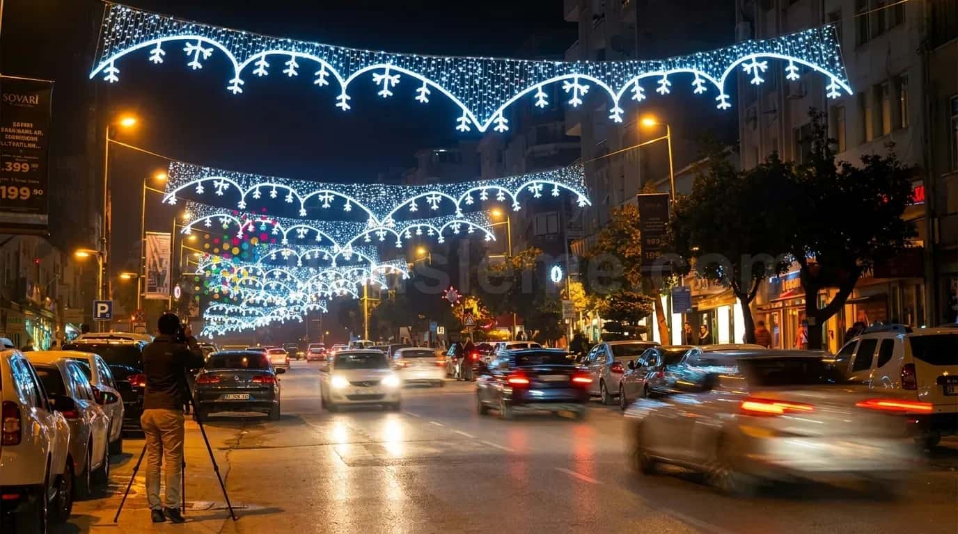 Aracların geçtigi sehir merkezinde beyaz led kemer ve motiflerle süslenmis gece caddesi