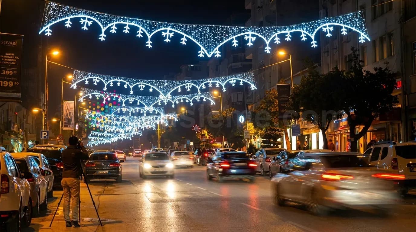 Aracların geçtigi sehir merkezinde beyaz led kemer ve motiflerle süslenmis gece caddesi