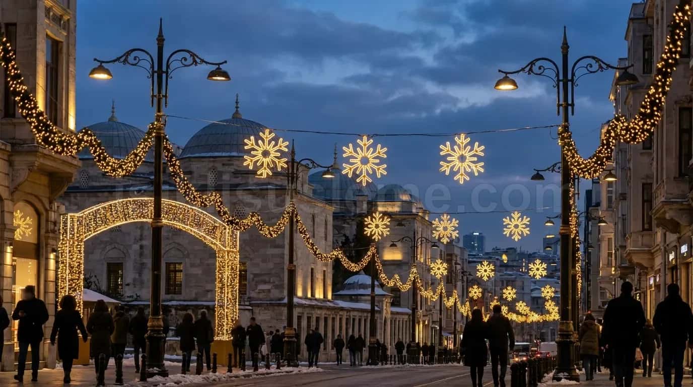 Tarihi binalar arasinda kar tanesi LED motifleriyle suslenmis yilbasi caddesi gece gorunumu