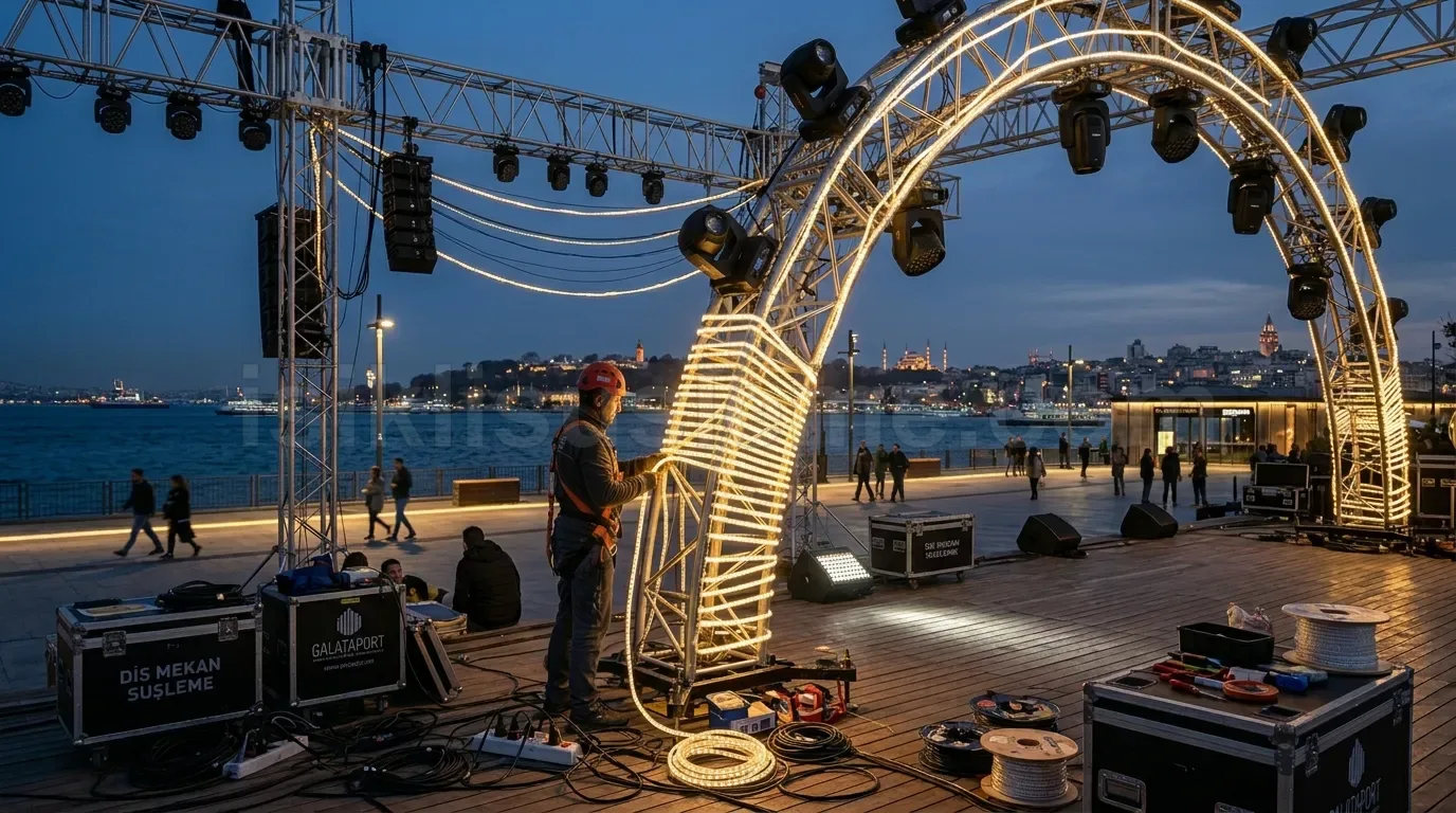 Bogaz manzarali acik alanda teknisyen LED kemer yapi montaji yapiyor
