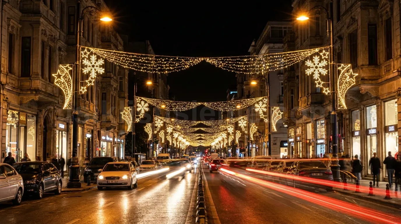 Uzun pozlamayla cekilen gece caddesinde altin kar tanesi motifli LED ag susleme ve trafik izleri