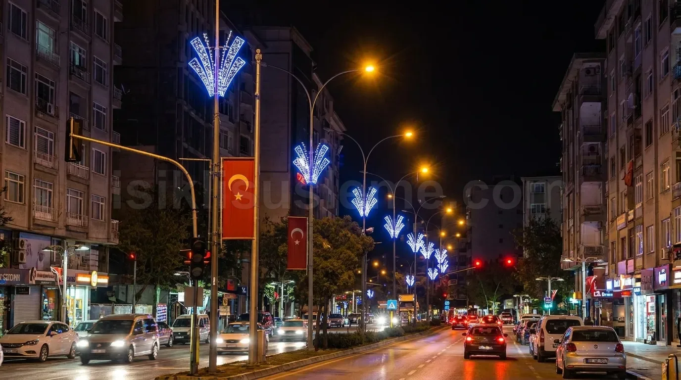 Turk bayraklarinin oldugu genis ana caddede mavi LED kelebek motifleri gece trafik aci