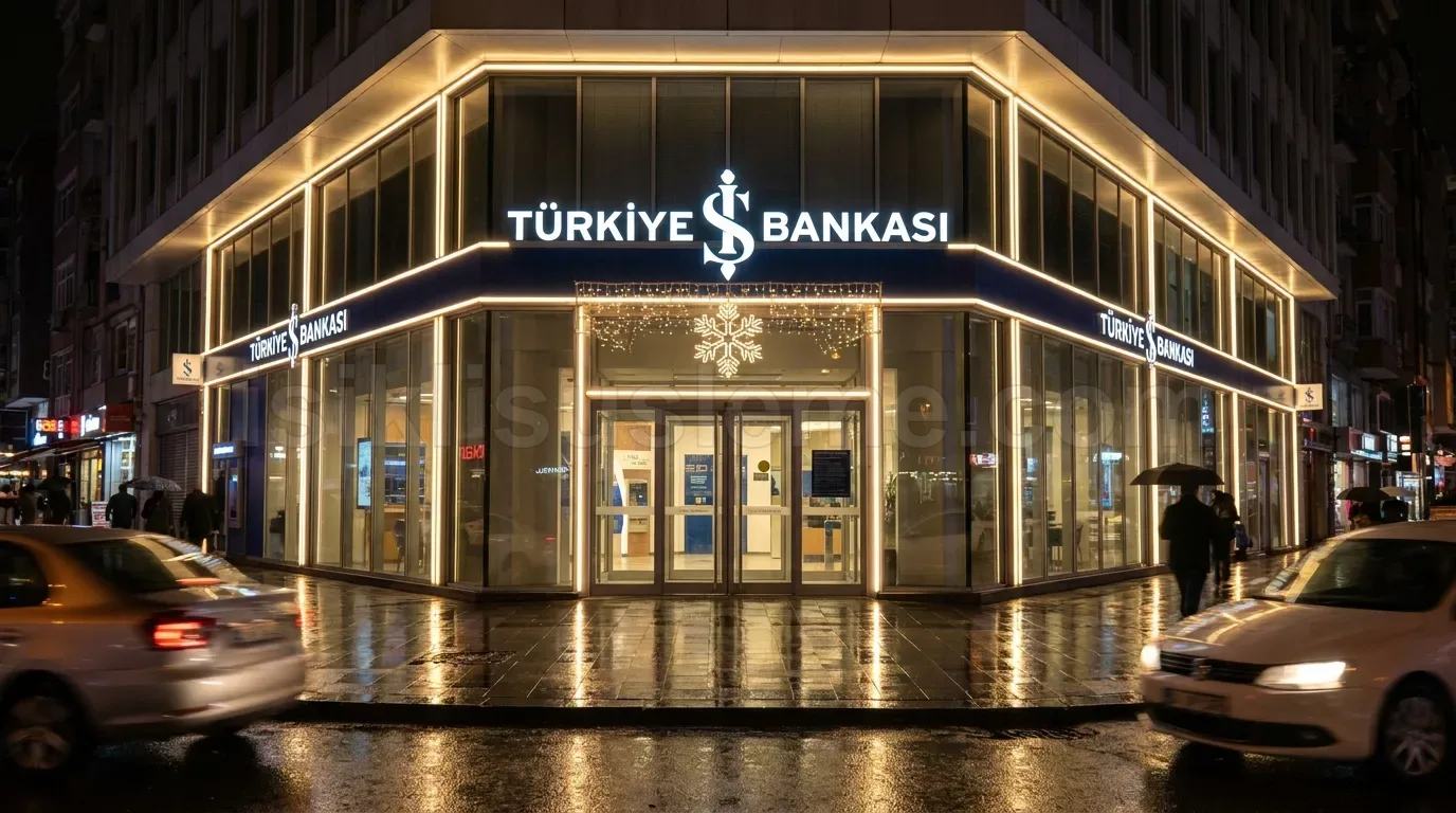 Turkiye Is Bankasi subesi girisinde kar tanesi motifli LED susleme ve yagmurlu gece yansimasi