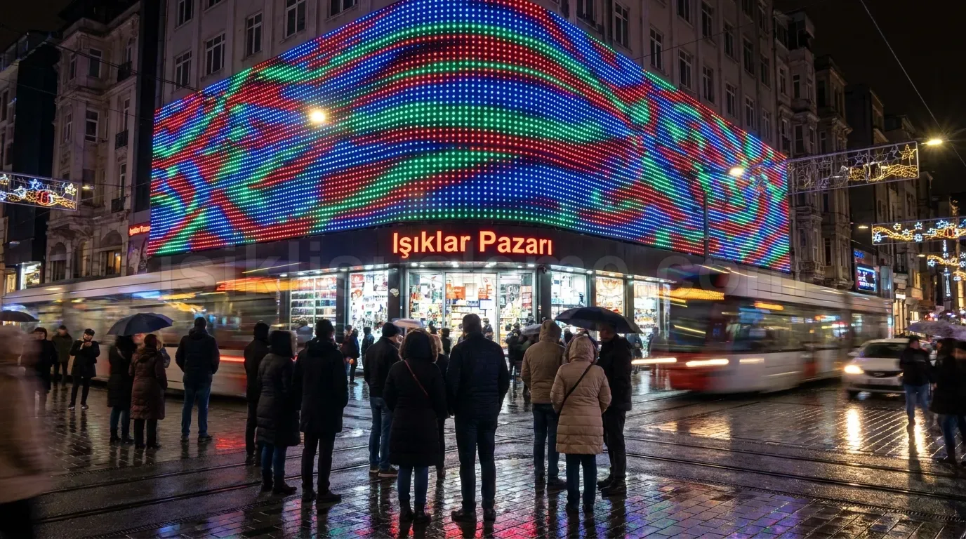 Isiklar Pazari yazisi gorunen kose binasinin renk degistiren LED ekranli dis cephesi ve onunden gecen tramvay