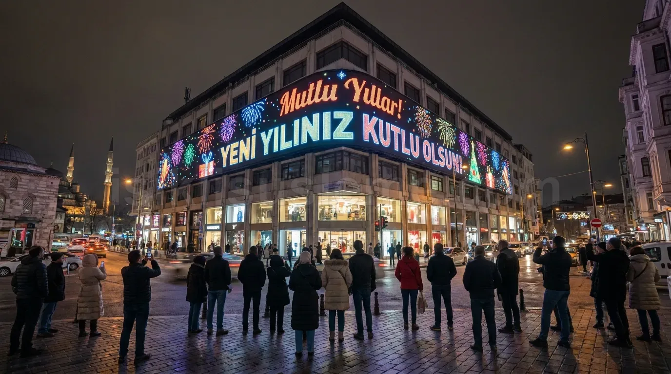 Istanbul'da kose binaya yilbasi mesajli renkli LED projeksiyon susleme gece cekimi