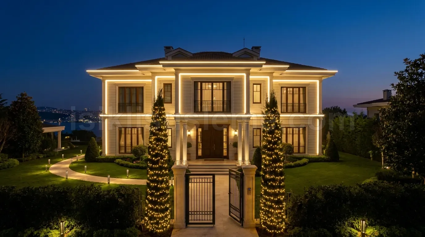 Boğaz manzaralı lüks villanın cephesinde warm white LED şerit ve servi ağaçlarında yılbaşı ışığı