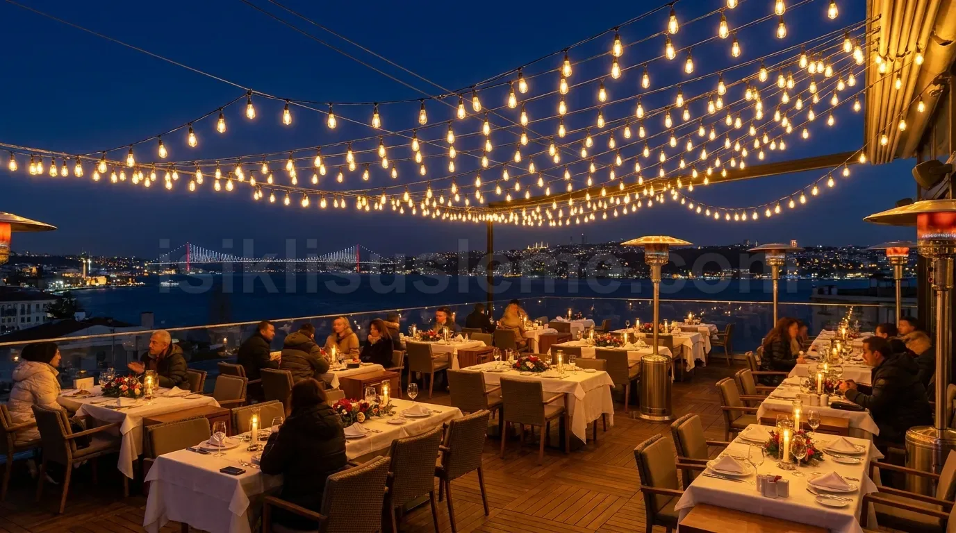 Istanbul Bogazici manzarali restoran terasinda yuvarlak ampul dizisi tavan aydinlatmasi ve aksamyemegi musteri