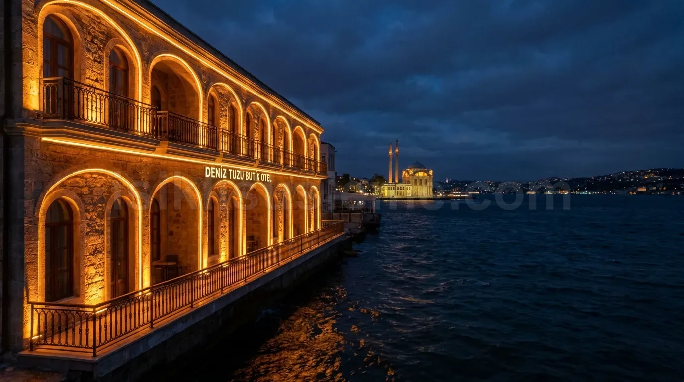 Deniz Tuzu Butik Otel yazili tarihi tas binanin kemer ve balkonlarini vurgulayan amber LED profil aydinlatmasi, arka planda Ortakoy Camii
