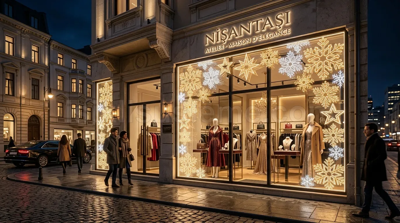 Nisantasi butik magazasinin vitrininde kar tanesi LED figur ve sari sicak beyaz yilbasi susleme