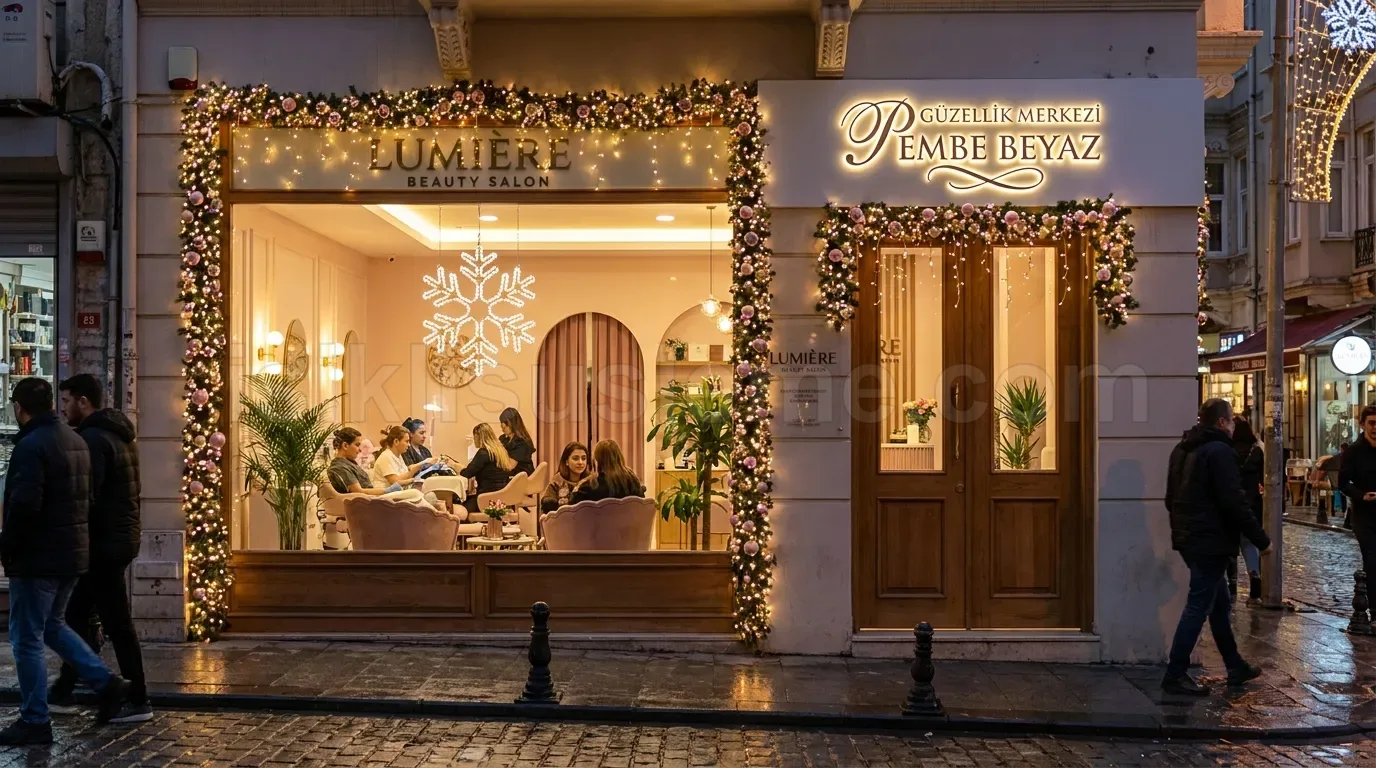 Pembe Beyaz butik magaza vitrini civari altin LED cerceve ve kar tanesi motifi ile suslenmus