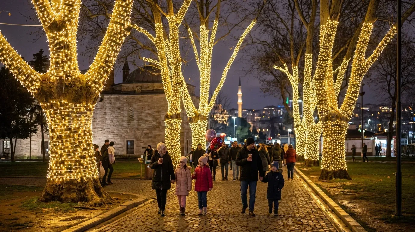 Istanbul tarihi semtinde gece yuruyus yapan insanlar ve LED ile kapli kaldırım agaclari