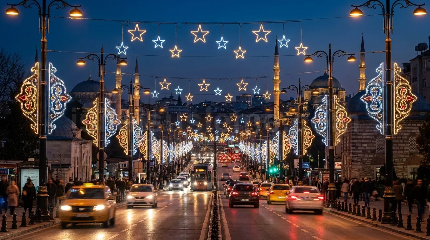 Genis cadde boyunca sira yildiz ve sekilli LED motifler ile suslenmus gece goruntusu