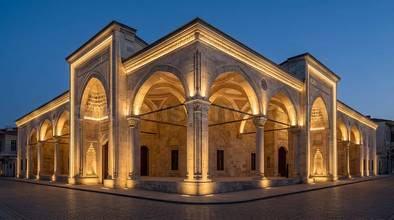 Osmali mimarisi camii koseden altin amber uplight LED ile mavi gok altinda gece cekimi