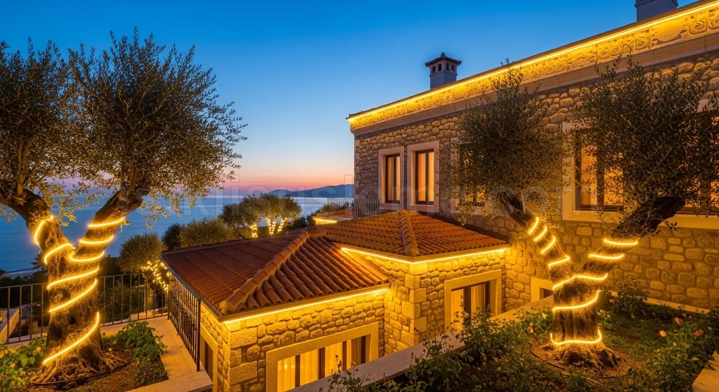 Gün batiminda denize nazir tasli villa cephesinde sicak beyaz LED bant ve agac isiklandirmasi