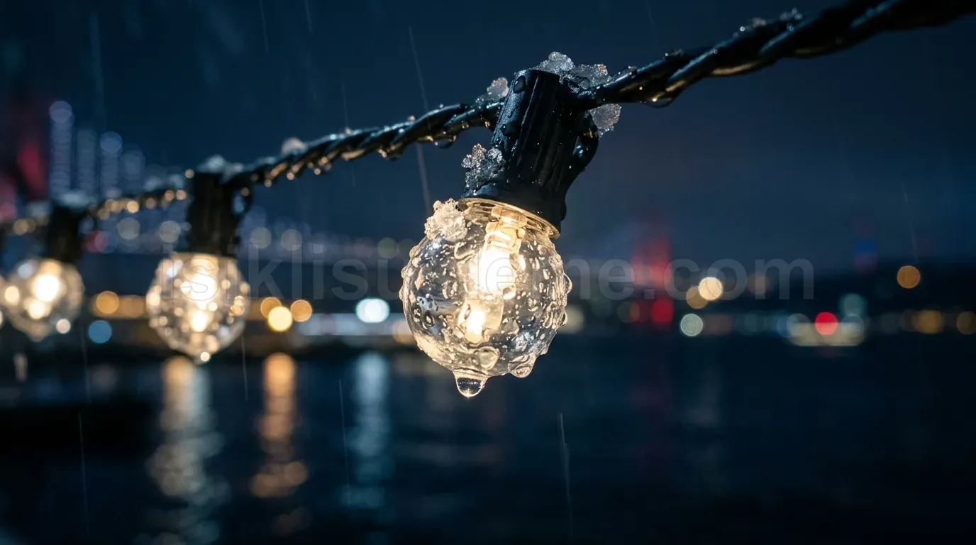 Yagmurda islanan dis mekan LED ampul Istanbul Bogaz koprusu arka planda