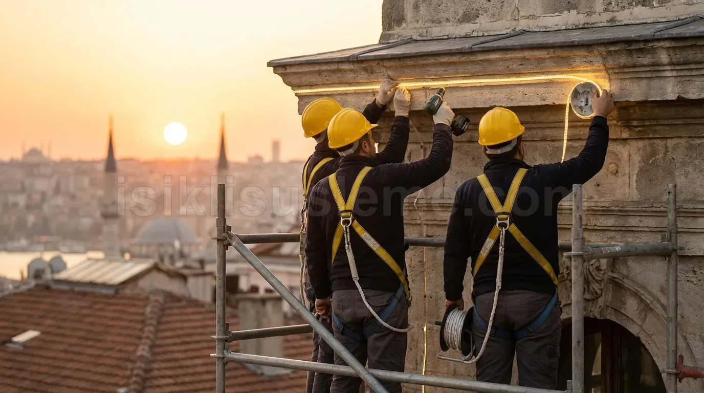 Gunbatiminda Istanbul panoramasi onunde uc isci bina kornisine LED serit ve spot yerlestiruyor