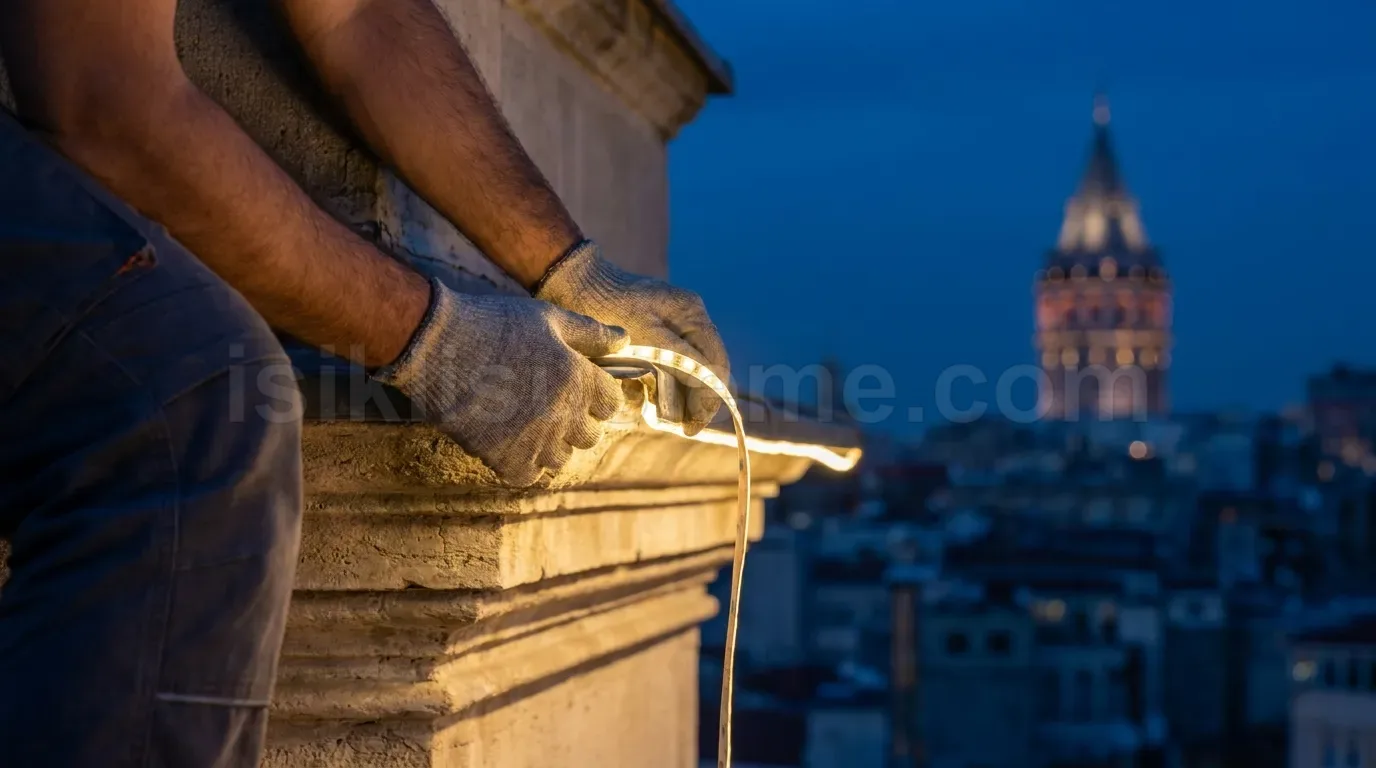 Gece Galata Kulesi silueti onunde teknisyen cephe kornisine sicak beyaz LED serit yerlestiriyor