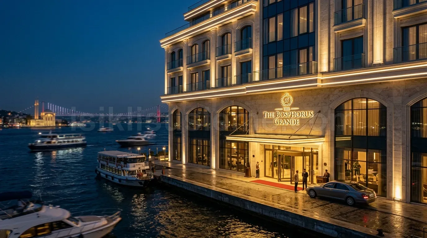 The Bosphorus Grande Hotel dis cephesi gece serit LED aydinlatmayla aydinlatilmis bogaz manzarali gorunum