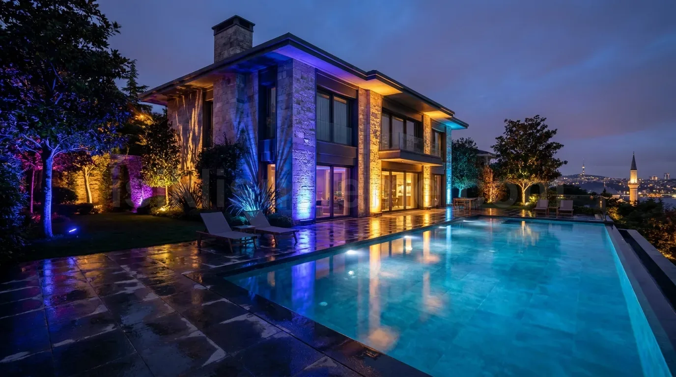 Havuzlu lüks villa bahcesinde mavi mor ve sari renkli LED uplight gece gorunumu