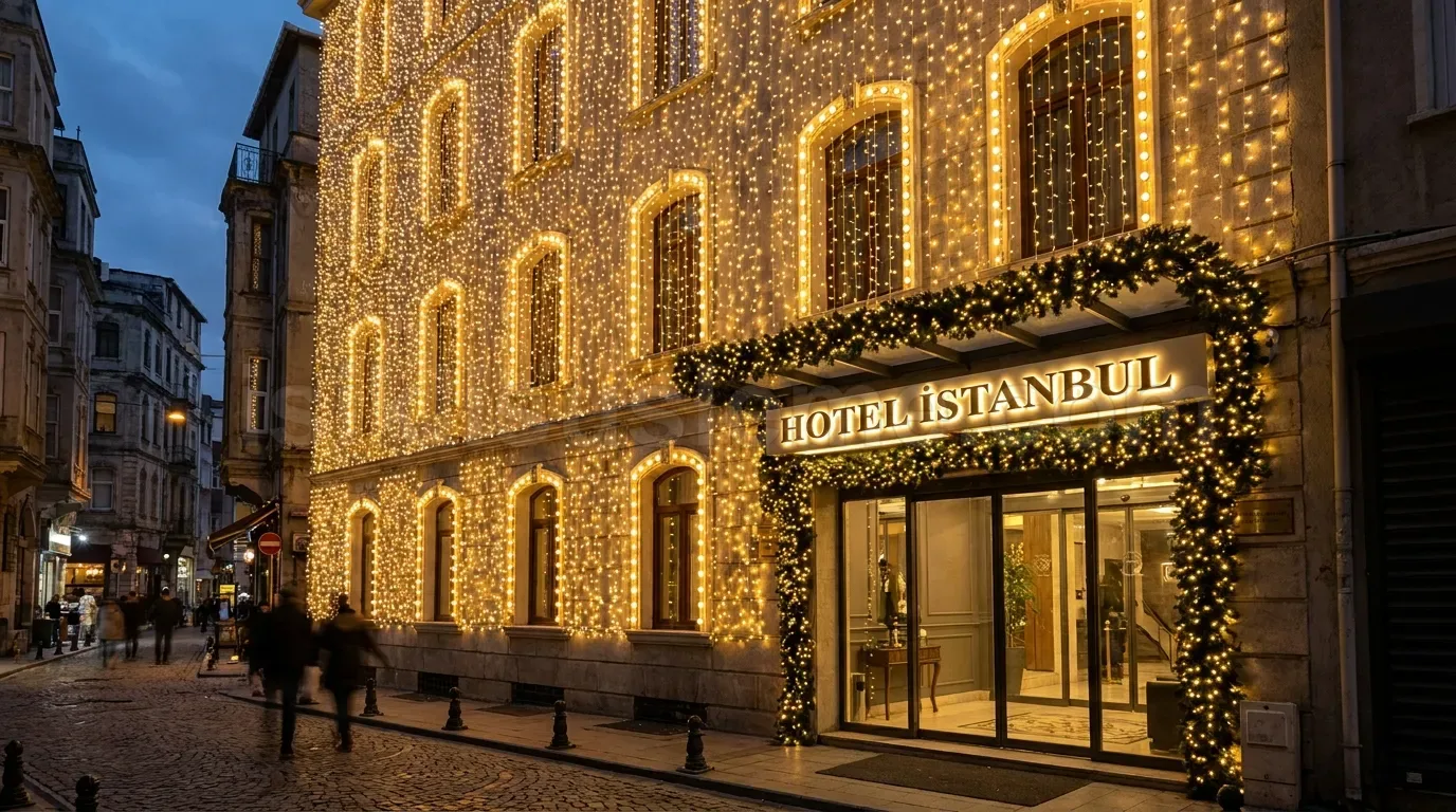 Hotel Istanbul yazisinin ustunde tum bina cephesini kaplayan sicak beyaz LED perde ve giris suslemeleri