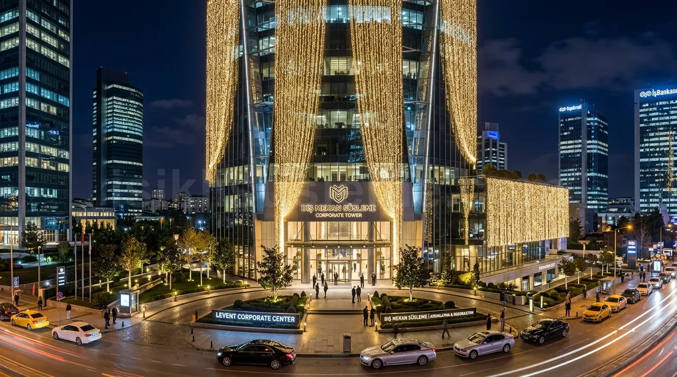 Levent is merkezinin yuksek kulesine uygulanan altin sarkac perde LED ile gece sehir cephe yilbasi susleme