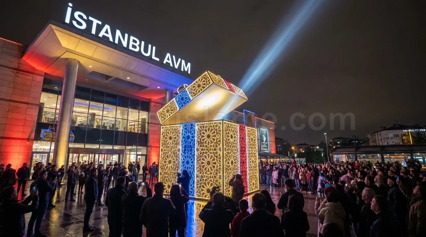 Istanbul AVM girisinde dev LED hediye kutusu etrafinda kalabalik izleyici kitlesi