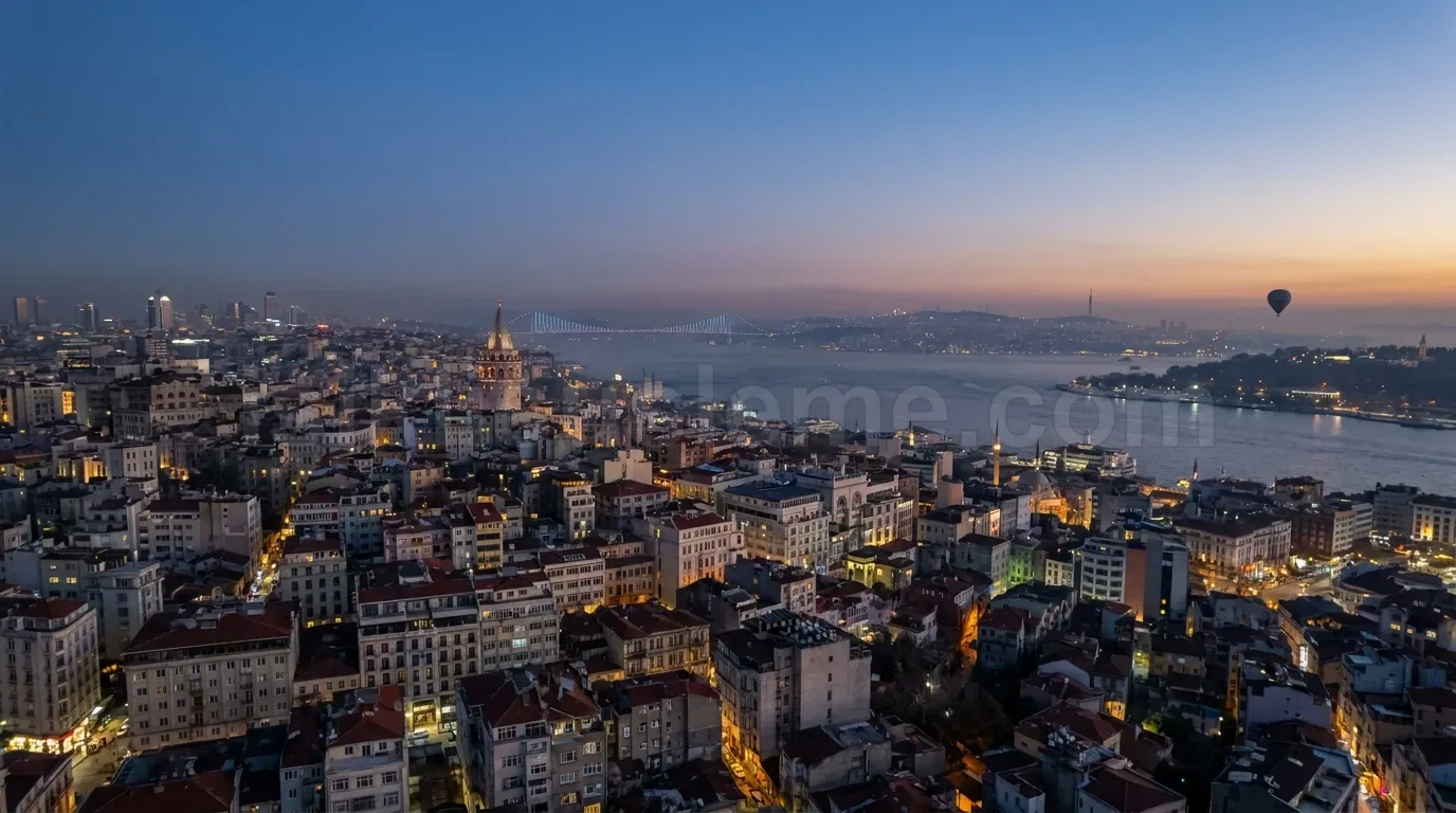 Gece hava cekiminde Galata Kulesi ve Bogaz koprusuyle Istanbul sehir silueti