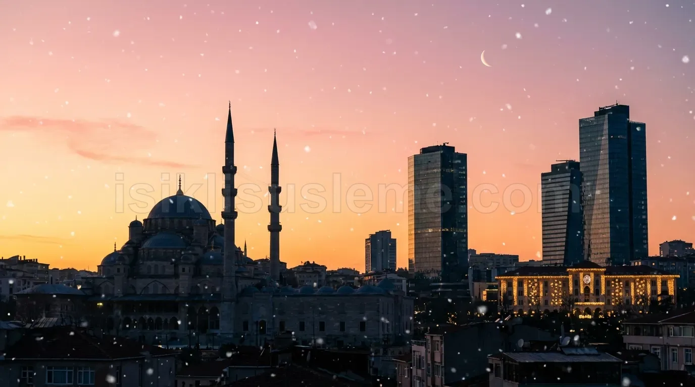 Kar tanesi efektli gunbatimi gokyuzunde Istanbul cami siluetin yaninda LED isikli bina cephesi