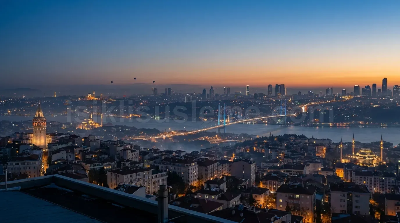 Gece vakti Galata Kulesi Bogazici Koprusu ve Istanbul sehir silu etinin hava panoramik gorunumu