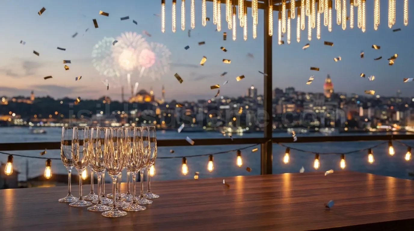 Istanbul silüeti ve havai fisek arka planinda sampanya kadehlerinin uzerinde sallanan ampul LED tavan isiklari