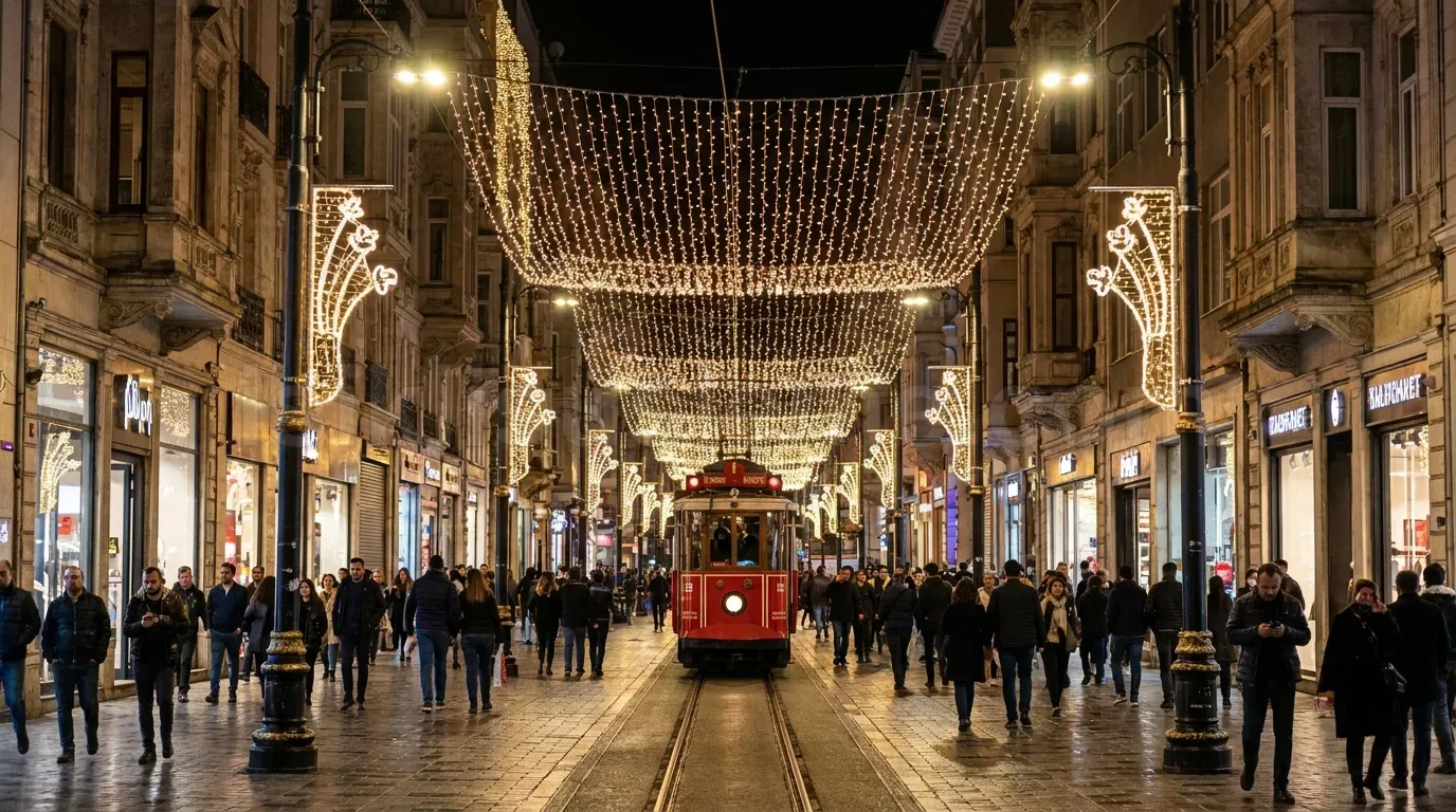 Istiklal Caddesi gibi yogun yaya caddesinde kirmizi tramvay ve uzerinde tavan boyunca uzanan yogun altin LED susleme