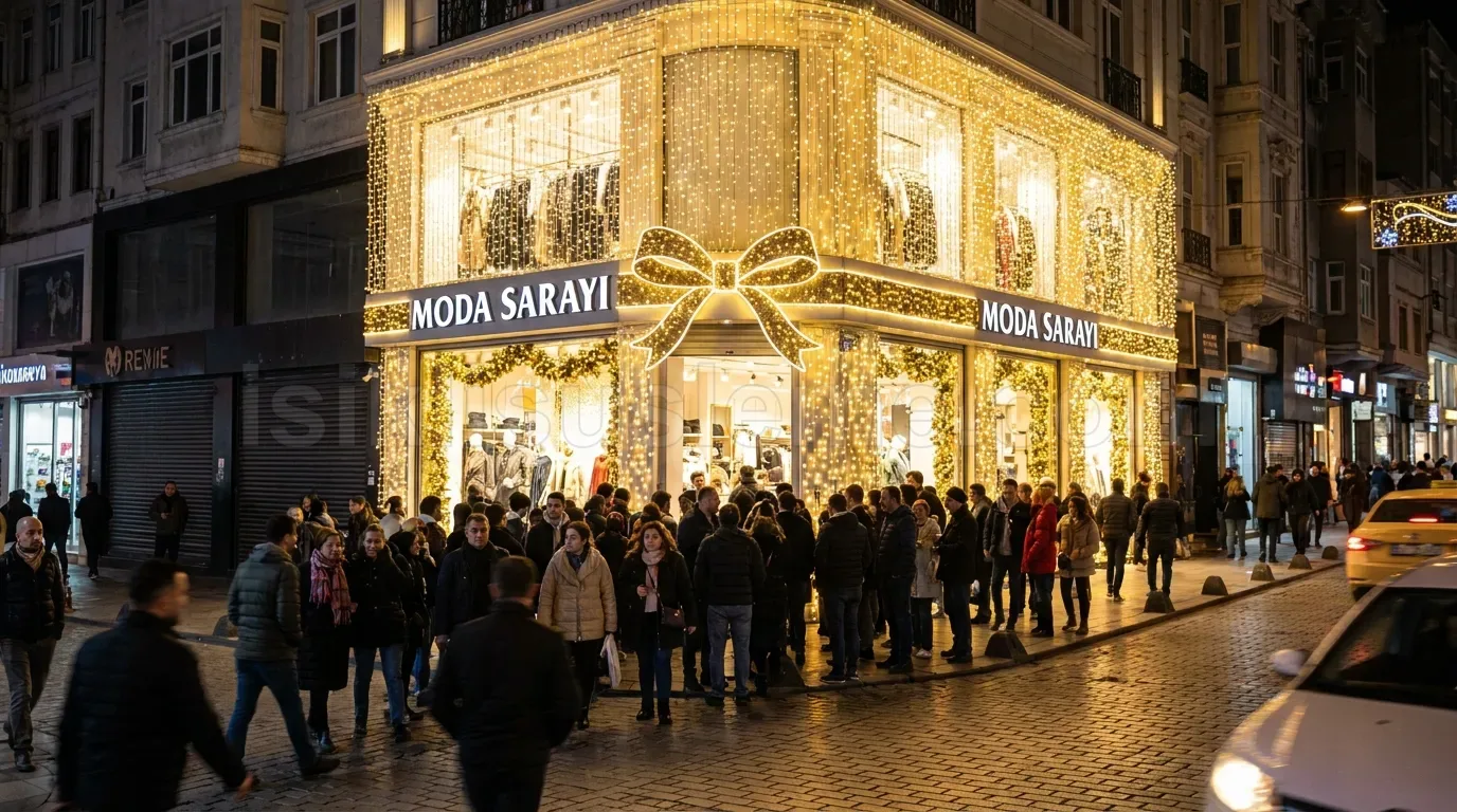 Istanbul Istiklal caddesinde Moda Sarayi makazasinin iki katli vitrininde altin fiyonk motifli LED susleme