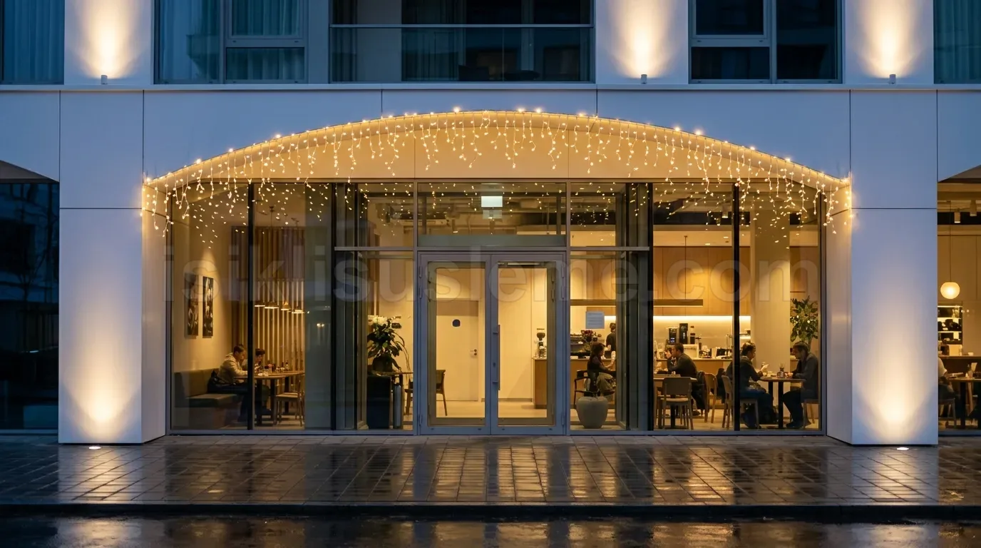 Modern kafe girişinin yuvarlak saçağına takılı ince sıcak beyaz sarkıt LED perde gece görüntüsü